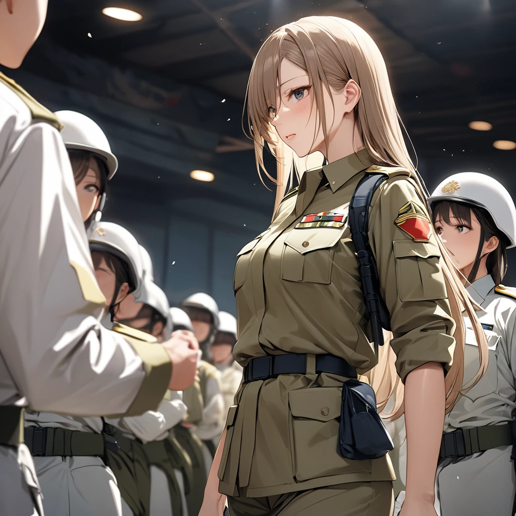 ((Highest quality)), ((masterpiece)), (detailed), (Perfect Face)、The woman is Asuna Yuki, a female member of the Japanese Self-Defense Forces. She has light brown, semi-long hair and is a female member of the Japanese Self-Defense Forces, dressed in the full khaki uniform of the Self-Defense Forces.、The woman is an exemplary member of the Self-Defense Forces and is taking part in the ceremony.、The woman's whole body is visible