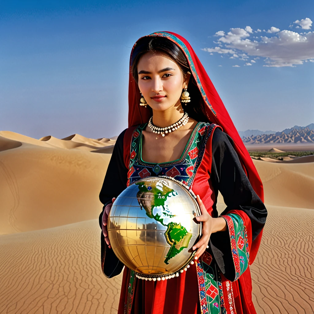 Alafed woman in traditional costume holding a small drum in the desert, a young woman in shamanic costume, a girl holding a Earth sphere, the scenery of the film Silk Road, beautiful youth, portrait shot, ancient princess Lieb, the vanishing line of the desert is below the woman's waist, the sky is clear and transparent.