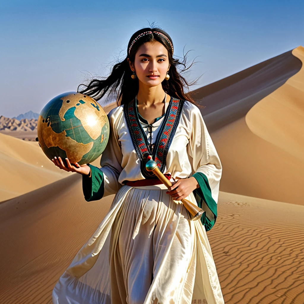 Alafed woman in traditional costume holding a small drum in the desert, a young woman in shamanic costume, a girl holding a Earth sphere, the scenery of the film Silk Road, beautiful youth, portrait shot, ancient princess Lieb, the vanishing line of the desert is below the woman's waist, the sky is clear and transparent.