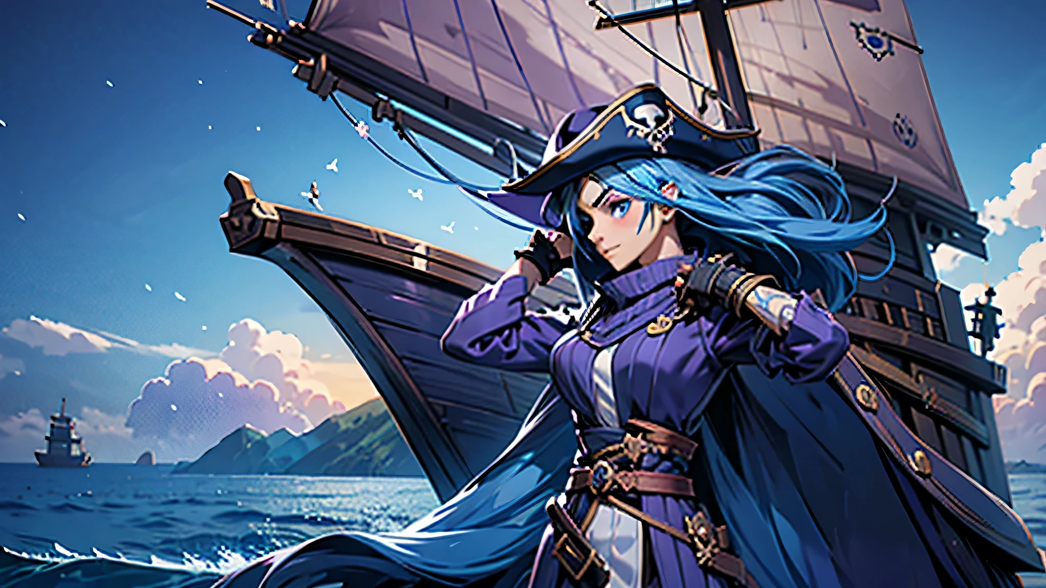 Anime girl, Blue Hair, Blue Eyes, Violet Pupil, Lighting Shape Pupil, Eyepatch, Pirate Outfit, Pirate Hat, Hold up Bone Sword, Standing On Pirate Ship, Day, Sea, Facing Away, Spirit Face, Realistic Light, Best Quality, 8K