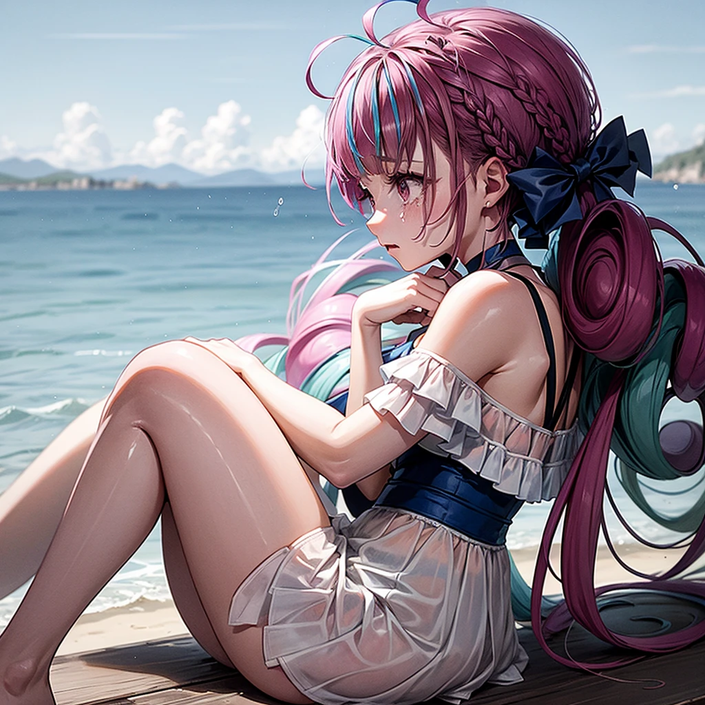 a girl,at the seaside,Leave with your back turned,with tears,profile,cry,Hugging knees and crying