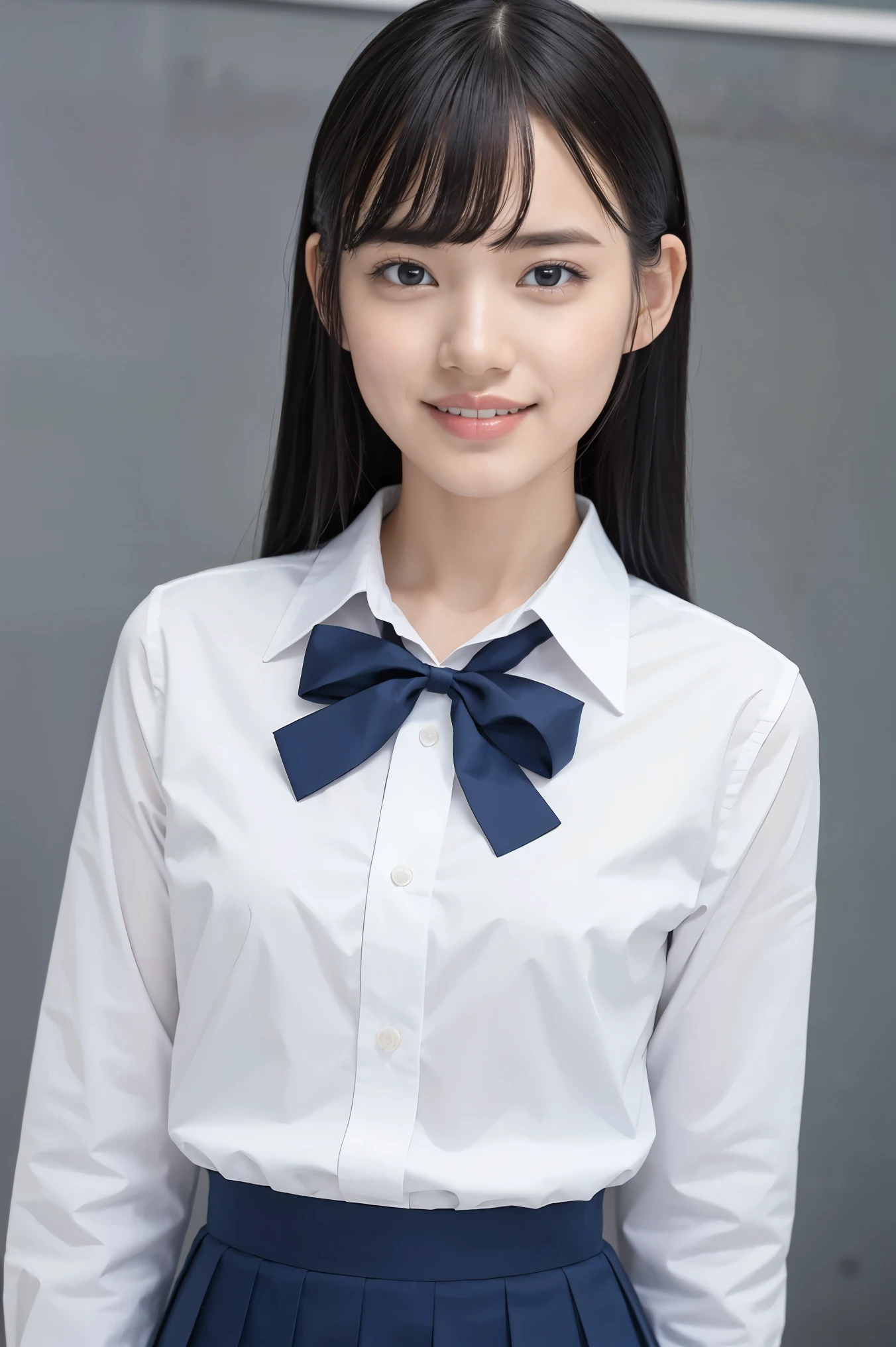 (Highest quality、Tabletop、8k、Best image quality、Award-winning works)、Cute school girl、(White polyester collared shirt:1.1)、(Uniform bow tie on chest:1.1)、(Navy Pleated Skirt:1.1)、Girl portrait photography、Glowing Skin、Standing Elegantly、(Perfect blurred school classroom background:1.1)、(Classroom large blackboard background:1.2)、smile、Smiling with beautiful teeth、(Face close-up:1.2)