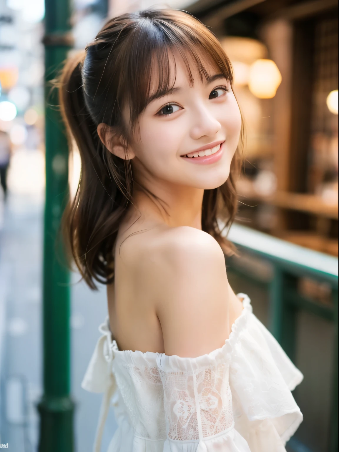 (8k, Top quality, Masterpiece:1.2), (Realistic, photo-realistic:1.37), Super detailed, perfect anatomy, cute, small eyes, 18 years old, a Japanese, girl, off-shoulder dress, at alley, posing, smiling,