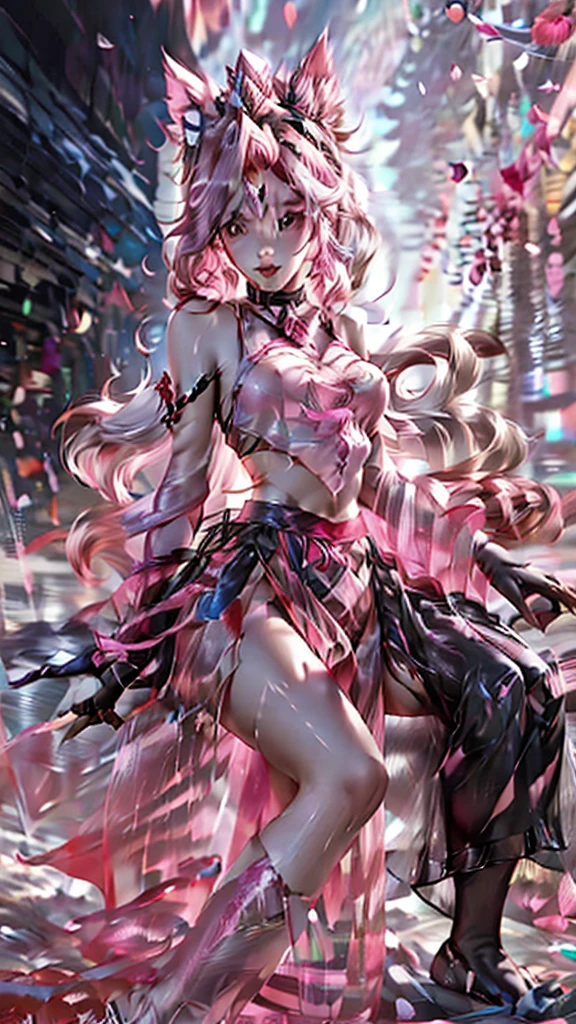 , Su Daji, fantasy style, long skirt (light red), long hair (pink), water (multiple splashes), black background, light leakage,