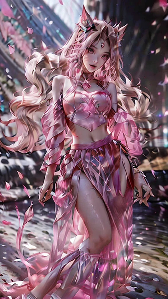 , Su Daji, fantasy style, long skirt (light red), long hair (pink), water (multiple splashes), black background, light leakage,