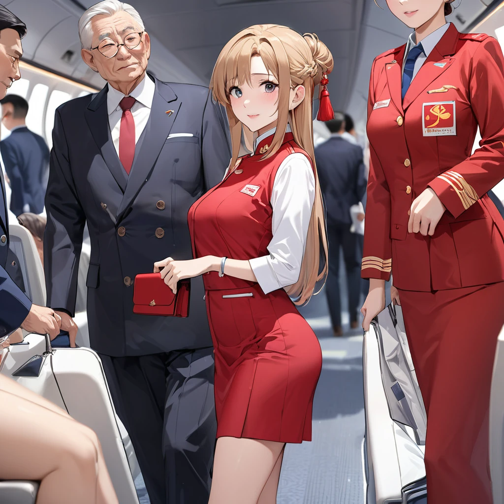 ((Highest quality)), ((masterpiece)), (detailed), (Perfect Face)、The woman is a Chinese flight attendant for Air China, named Yuuki Asuna, with light brown, medium-long hair.、The woman is wearing the red uniform of an Air China flight attendant.、The woman is a special flight attendant for the honorable Chinese Communist Party members, and she dresses up beautifully to serve them.、The woman is a first-class passenger, and is the exclusive host and entertainer of a dignified elderly man who is a member of the Chinese Communist Party.