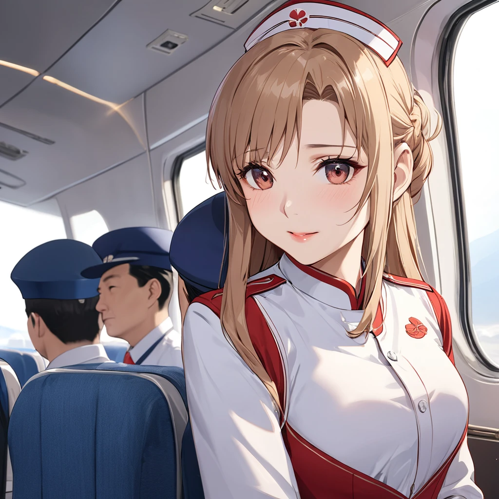 ((Highest quality)), ((masterpiece)), (detailed), （Perfect Face）、The woman is a Chinese flight attendant for Air China, named Yuuki Asuna, with light brown, medium-long hair.、The woman is wearing the red uniform of an Air China flight attendant.、The woman is a special flight attendant for the honorable Chinese Communist Party members, and she dresses up beautifully to serve them.、The woman is a first-class passenger, and is the exclusive host and entertainer of a dignified elderly man who is a member of the Chinese Communist Party.