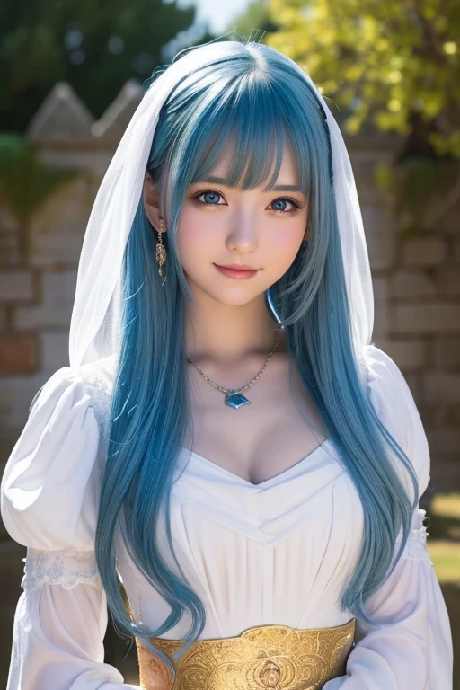 A  girl,DragonQuest sage,dq3,White Dress,golden head ring,staff of enlightenment,beautiful detailed eyes,beautiful detailed lips,extremely detailed face and eyes,long eyelashes,cutie smile,blue hair,fantasy,medieval,magic,medieval castle,landscape,art,digital painting,cinematic lighting,vibrant colors,dramatic lighting,realistic,photogenic,masterpiece,4k,best quality