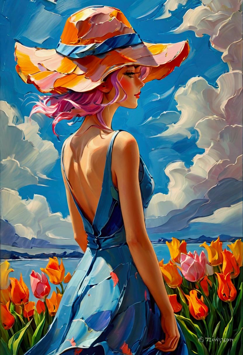 ((Inspired by Charles Camoin)), (Impressionist Painting), 1 Girl，elegant dress，View from the side，Looking at the audience，(Half blue half pink hair)，water，cloud，Sun hat, [Orange tulip flowers], ((best quality, masterpiece)), projected inset,vanishing point,backlighting