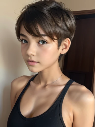 A 13 year old beautiful and slim girl with short hair. Tomboy hair style. Breast can be seen.