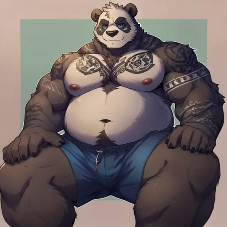 Bye Solo, man, panda. Incipient Cyerpo, gray arms , thick legs, panza, stomach. square lenses, blue eyes. tattoos, circular tattoos, chest tattoos, tattoos on the oectorals. blue shorts.