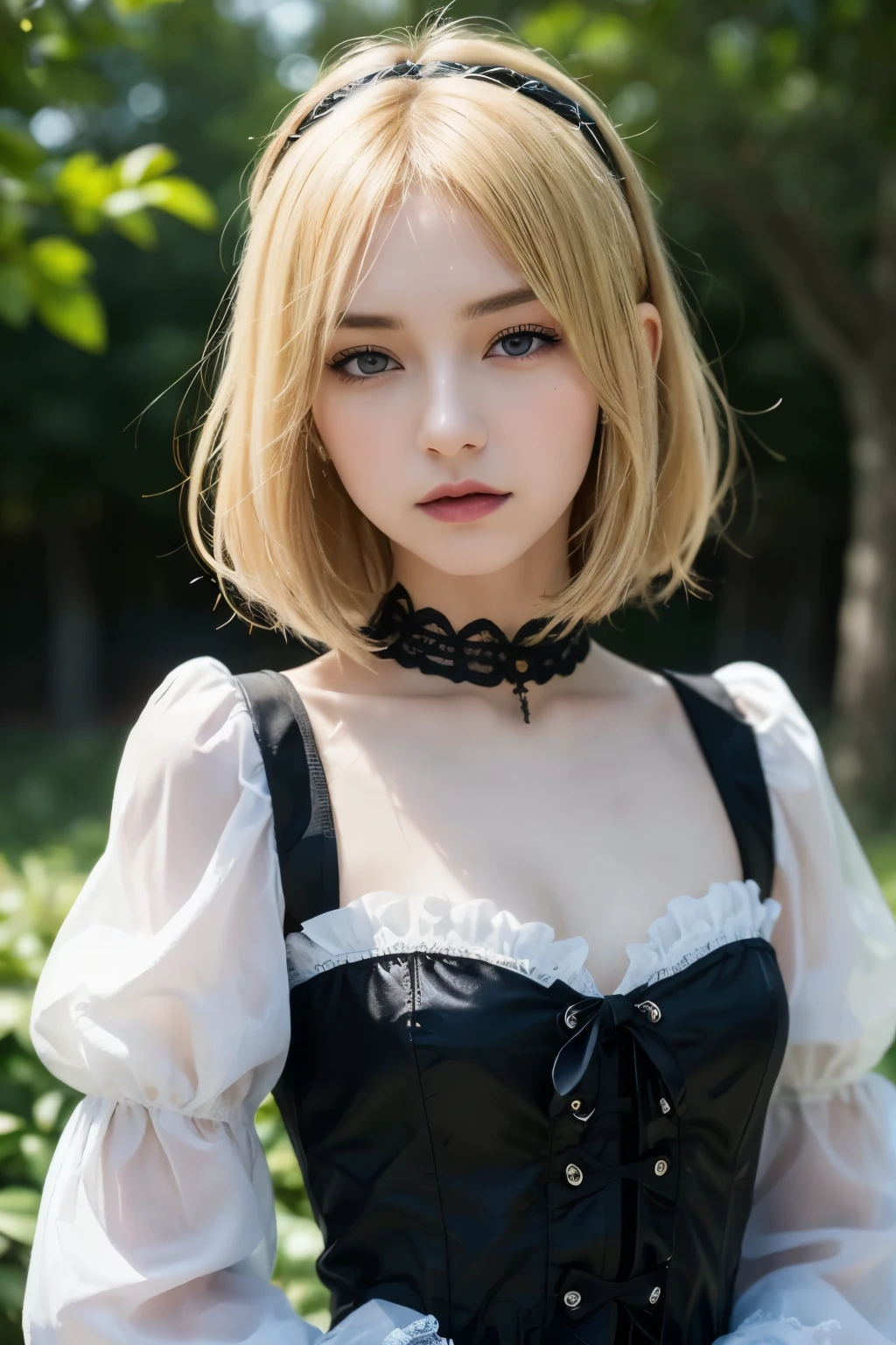 (Bob Cut Hair, blonde hair:1.2),(wearing gothic ta clothes:1.2),1 girl,Japanese,21 years old,(:1.3),(best quality,masterpiece:1.3,Super high resolution,),(very detailed,falsetto),(realistic:1.4,RAW shooting,)Ultra-realistic Capture,very detailed,High resolution 16K human skin close-up。 natural skin texture、,pore、、Must be detailed enough to be easily recognized.。 Skin tone looks even and healthy。 Take advantage of natural light and color, sad expression, looking at the camera, Complete dynamic configuration, outdoor