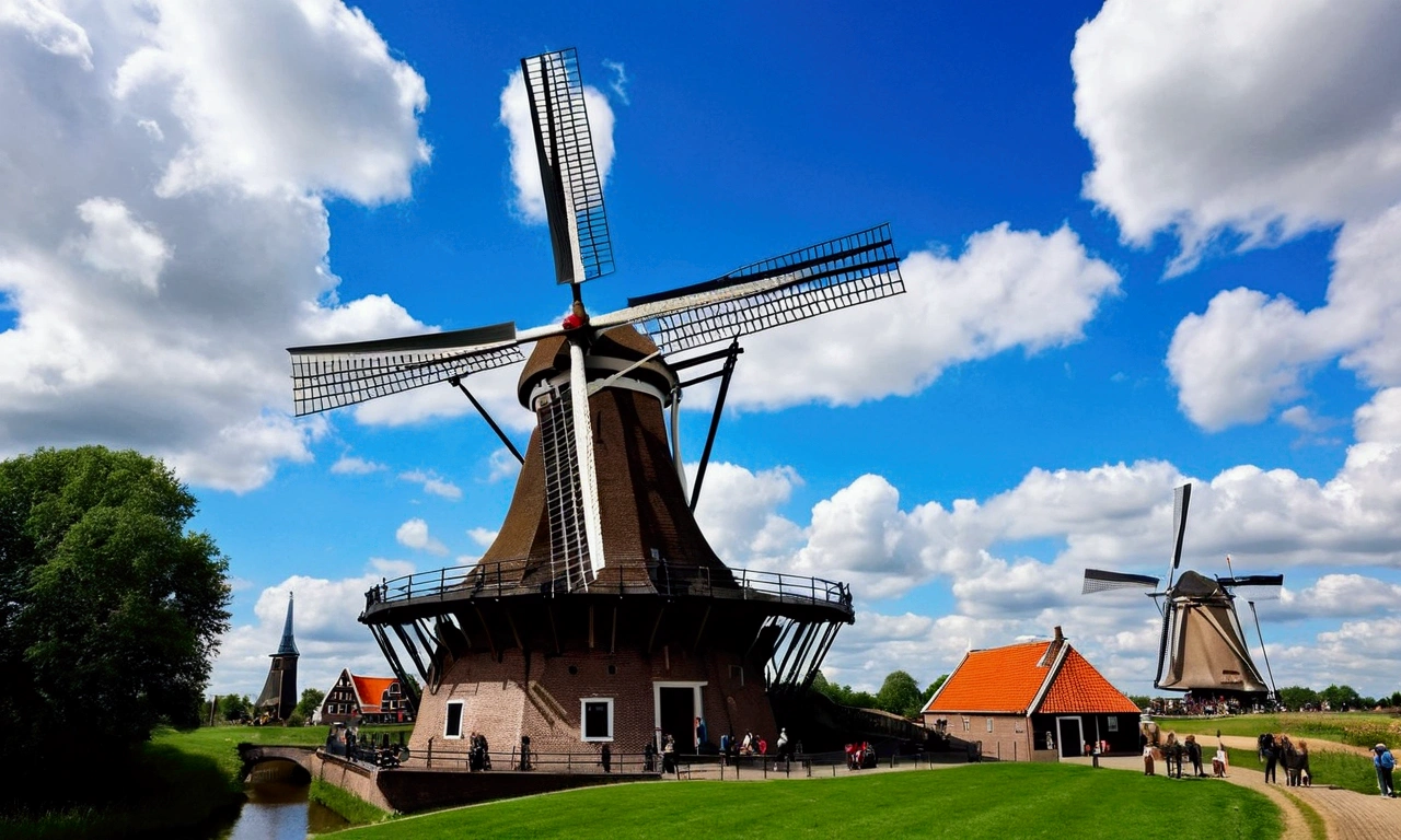 European style of the 17th century，blue sky，There are white clouds in the sky，The underground is Dutch architecture，There is a large windmill，There are people working