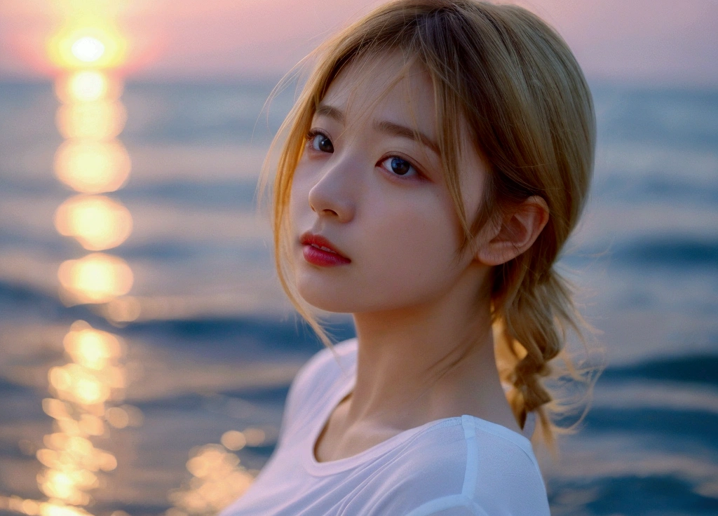 Profile looking at the sea、Expressionless、Sea side、((vague))(Off-beach、)(Very delicate and beautiful)、((please sit down))((The background feels dark))、Very delicate and beautiful)、(Blonde)(Pull angle)(T-Shirts)、Dynamic Angle、Portrait)、(Smooth Hair)、(Big eyes)Beautiful expression、White skin、Depth of written boundary、Glowing Lips、sad、(Sad)Sunset background、