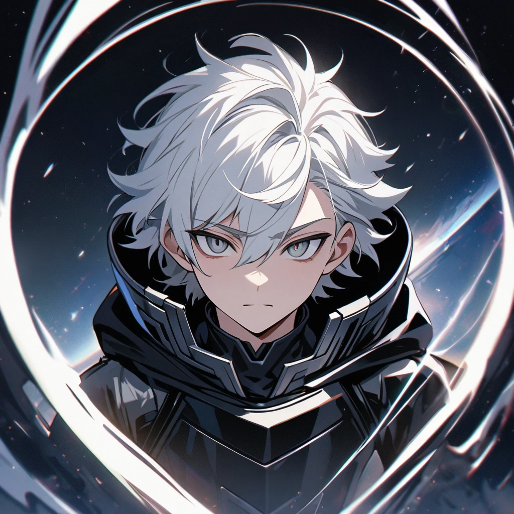 High quality, HD, 4k, no shadows, handsome male, 1male, , teenager, shwhite hair, silver hair, white hair, sharp eyes, dark grey colored eyes, deep grey eyes, grey eyes, close up, calm expression, stoic expression, black leather clothes, white leather clothing, lean body, well trained body, upper body, looking at viewer, cowboy shot, white solar, space background
