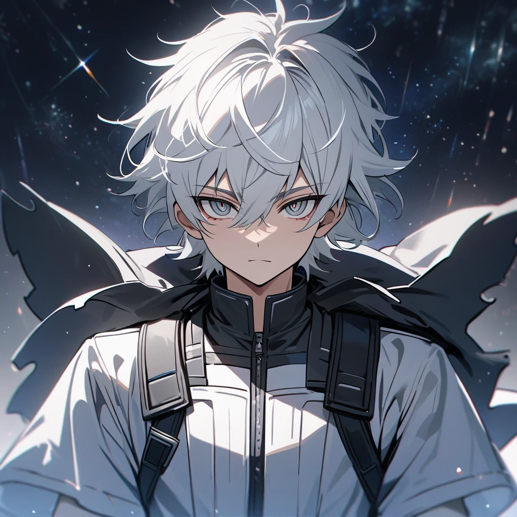 High quality, HD, 4k, no shadows, handsome male, 1male, 17 years old, teenager, short white hair, silver hair, white hair, sharp eyes, dark grey colored eyes, deep grey eyes, grey eyes, close up, calm expression, stoic expression, black leather clothes, white leather clothing, lean body, well trained body, upper body, looking at viewer, cowboy shot, white solar, space background