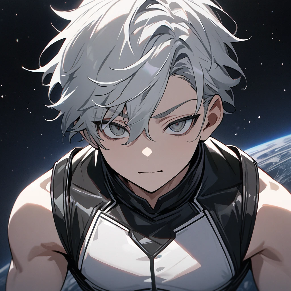 High quality, HD, 4k, no shadows, handsome male, 1male, 17 years old, teenager, short white hair, silver hair, white hair, sharp eyes, dark grey colored eyes, deep grey eyes, grey eyes, close up, calm expression, stoic expression, black leather clothes, white leather clothing, lean body, well trained body, upper body, looking at viewer, cowboy shot, white solar, space background