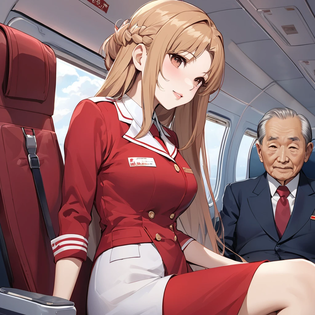 ((Highest quality)), ((masterpiece)), (detailed), （Perfect Face）、The woman is a Chinese flight attendant for Air China, named Yuuki Asuna, with light brown, medium-long hair.、The woman is wearing the red uniform of an Air China flight attendant.、The woman is a special flight attendant for the honorable Chinese Communist Party members, and she dresses up beautifully to serve them.、The woman was a first-class passenger, a dignified elderly man who was a member of the Chinese Communist Party and was serving him privately, sitting next to him and entertaining him.、A man and a woman alone in the first class cabin