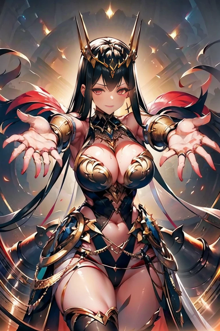 (((outstretched hands, out stretched fingers, outstretched fingers))) black hair, bare shoulder, red eyes, very long hair, cleavage, large breasts, dress, showgirl skirt, high-leg, cleavage cutout, tiara, bare thighs, gauntlets, bare shoulder, bare nails, bare fingers, bare hands, good hands, best hands, Correctly aligned fingers, extremely detailed hands and fingers, ultra detailed hands and fingers, super detailed hands and fingers, perfect female hands and fingers, biologically accurate hands and fingers, (((4 fingers and 1 thumb accurate hands and fingers))), beautiful hands and fingers, hands and fingers drawing, human hand and fingers, perfect arrangement of fingers, detail focus hands, perfection hands, better hands, adult face, fearless face, (((both arms, two arms, both hands, two hands))), super fine illustration, masterpiece, masterwork, by famous artist, official art, ultra high res, best quality, high quality, Hand, detailed, perfect, perfection , hands, both hands is Thumb and index finger and middle finger and ring finger and little finger, even hands, panties, thighhighs, symmetrical bangs, gleaming skin, oil skin, shiny skin, wet skin, sweat, rouge, exquisite, beautiful,cg unity 8k wall paper, perfect face, ultra detailed beautiful face, perfect nose, perfect mouth, clear eyes, light eyes, perfect eyes, symmetrical eyes, even eyes, 16k, absurdres, perfect body, perfect anatomy, perfect proportion, perfect arms, perfect torso, symmetrical hands, symmetrical arms, reaching down fingers, (((reaching down arms))), reaching down hands, spread fingers, good hands, best hands,