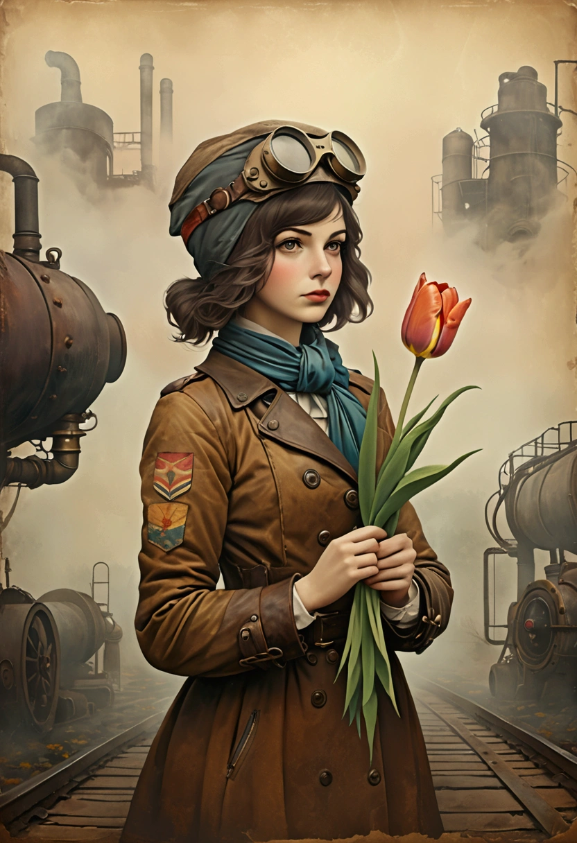 Lithograph of a woman, [[Holding a tulip]], [gear], pipeline, Diesel Punk, Colorful ribbons, Old paper texture, ((Inspired by: Louis Joffe style!)), Gloomy and foggy atmosphere, Surrealism, Cute absurdity, Attraction and rejection of extraordinary appearance,  primitivism, ((best quality, masterpiece)), 