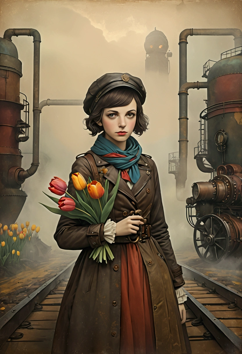 Lithograph of a woman, [[Holding a tulip]], [gear], pipeline, Diesel Punk, Colorful ribbons, Old paper texture, ((Inspired by: Louis Joffe style!)), Gloomy and foggy atmosphere, Surrealism, Cute absurdity, Attraction and rejection of extraordinary appearance,  primitivism, ((best quality, masterpiece)), 