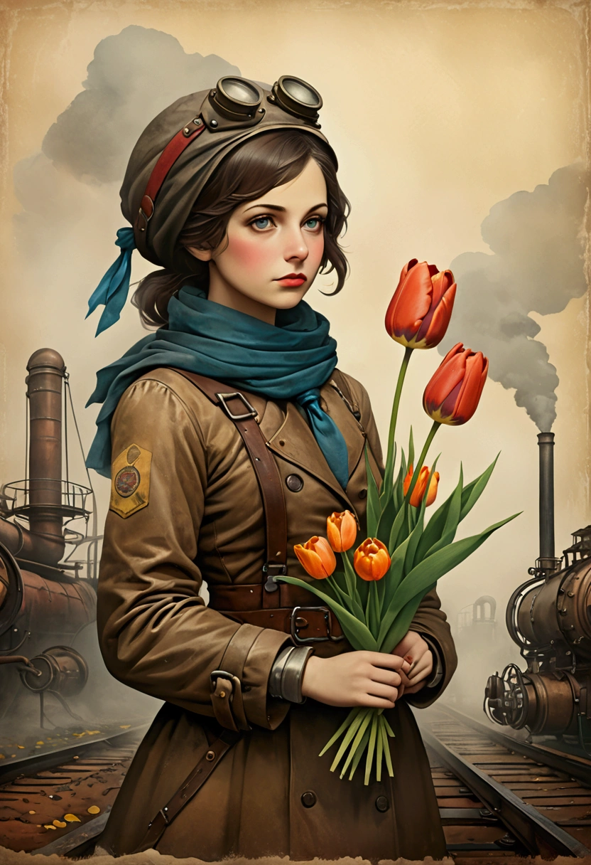 Lithograph of a woman, [[Holding a tulip]], [gear], pipeline, Diesel Punk, Colorful ribbons, Old paper texture, ((Inspired by: Louis Joffe style!)), Gloomy and foggy atmosphere, Surrealism, Cute absurdity, Attraction and rejection of extraordinary appearance,  primitivism, ((best quality, masterpiece)), 