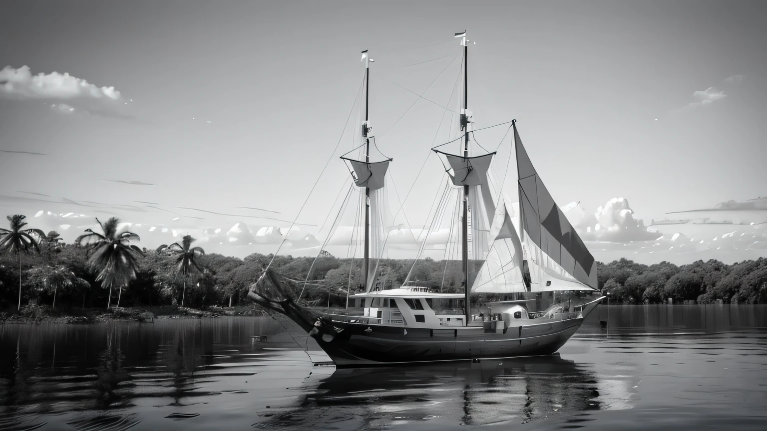 magem kinematics, grayscales, hight contrast, ultra detalhada, tropical scenery. forst, Amazon river, photo realist, 3d, 8k, small schooner with just two (2) masts, only two (2) masts, the name of the boat is [Boto-Cor-de-Rosa]