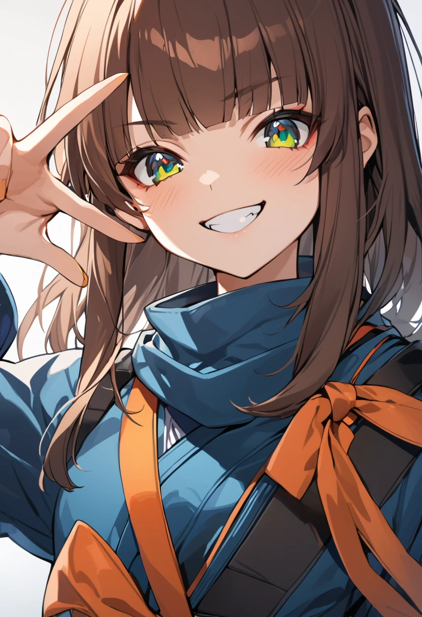 high quality, detailed, 1girl, ninja, 15 years old, blue clothes, blunt bangs, dark brown hair, sidetail, orange ribbon, deep green eyes, bad grin, peace sign