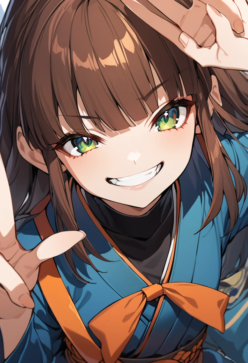 high quality, detailed, 1girl, ninja, , blue clothes, blunt bangs, dark brown hair, sidetail, orange ribbon, deep green eyes, bad grin, peace sign