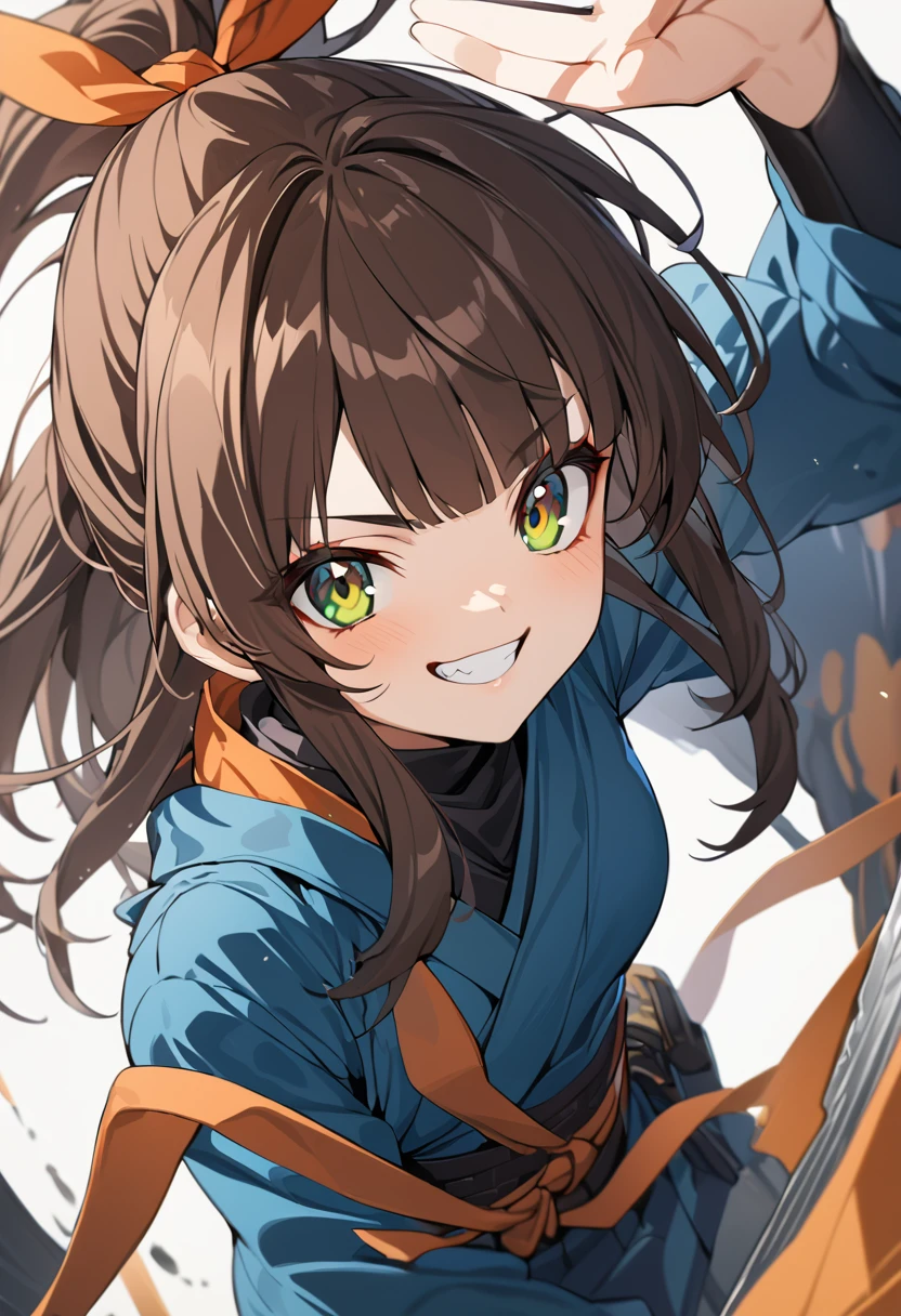 high quality, detailed, 1girl, ninja, 15 years old, blue clothes, blunt bangs, dark brown hair, sidetail, orange ribbon, deep green eyes, bad grin, peace sign