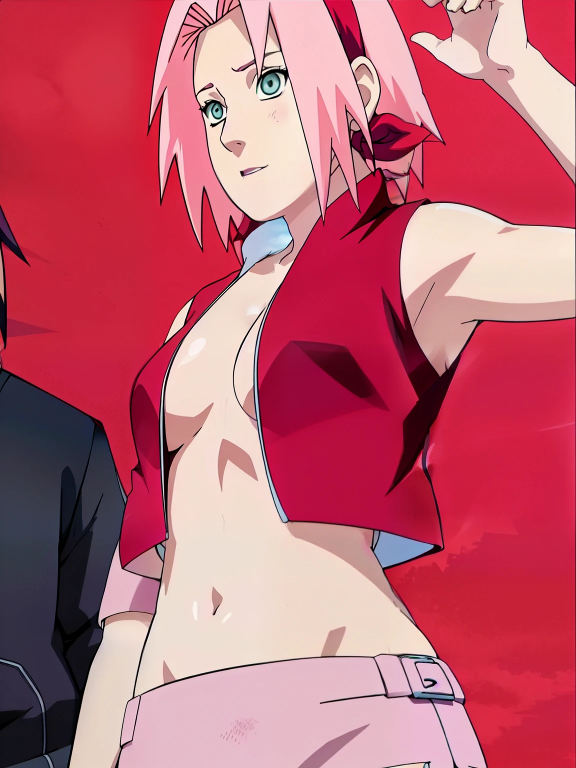 Sakura Haruno showing bra showing armpit open blouse open zipper ripped blouse open shirt ripped shirt showing sexy chest and belly.