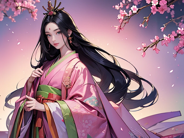 (masterpiece, Highest quality, Highest quality，aesthetics:1.2)，Twelve-layered kimono，1300 years ago，Japan_Heian period，１Beautiful noble princess，Beautiful Skin，(Straight hair　Long, beautiful black hair)，Beautiful Face、Beautiful Eyes，Beautiful nose、Beautiful lips、(kimono　Gentle pink color　yellow　Light green　red　The beauty of layered colors)，Silk luster，Layered Color，Wide sleeves，The hem of the hakama is long，elegant，Highest quality，Beautiful graphics, Super detailed，butterfly，Fresh，Minimal background，Transparent robe images，Detailed CG、