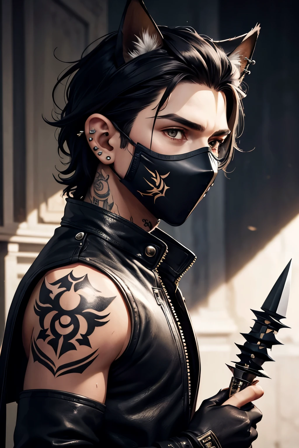 ((Best Quality)) ((high definition quality)), ((Masterpiece)), (detailed)
boy with black hair, brown eyes and white skin. Wearing: a mask that covers half the face, resembling a stylized fox mask, with pointed ears. The mask is black with white details, highlighting the bright eyes. A black leather jacket, adorned with silver studs and rivets. On Fingerless gloves, a leather strap full of thorns. Piercings and tattoos. Holding two daggers 