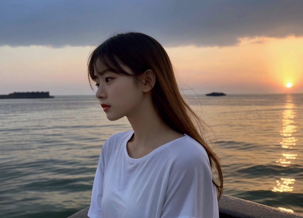 Profile looking at the sea、Expressionless、Sea side、((vague))(Off-beach、)(Very delicate and beautiful)、((please sit down))((The background feels dark))、Very delicate and beautiful)、(Blonde)(Pull angle)(T-Shirts)、Dynamic Angle、Portrait)、(Smooth Hair)、(Big eyes)Beautiful expression、White skin、Depth of written boundary、Glowing Lips、sad、(Sad)Sunset background、