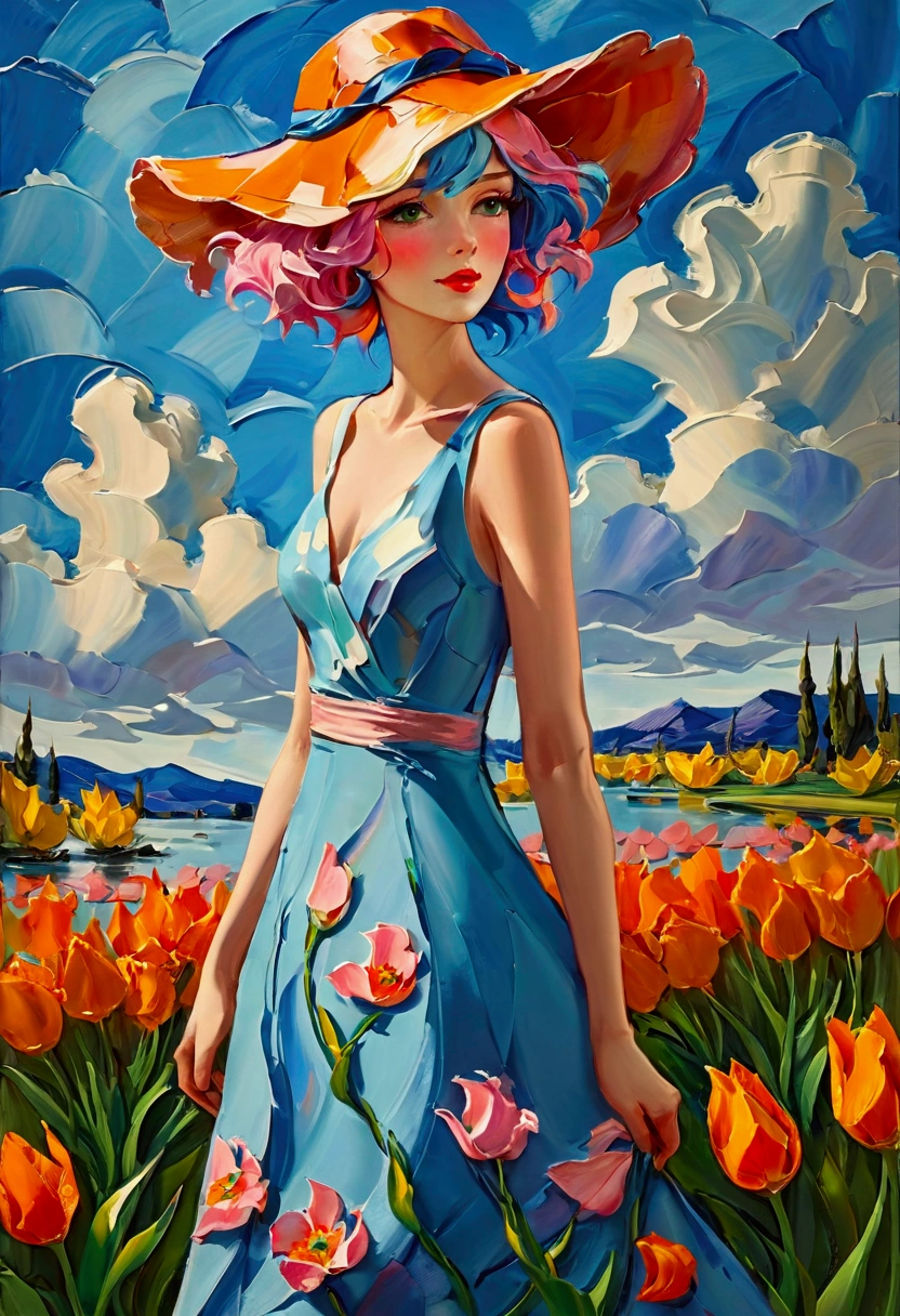 ((Inspired by Charles Camoin)), (Impressionist Painting), 1 Girl，elegant dress，Looking at the audience，(Half blue half pink hair)，water，cloud，Sun hat, [Orange tulip flowers], ((best quality, masterpiece)), projected inset,vanishing point,backlighting