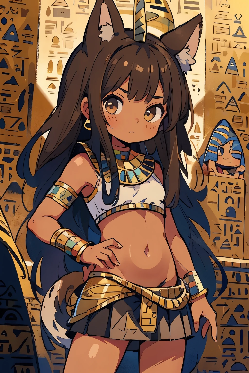 (Egyptian Style:1.4)、Teenage Girls、Young、child、belly button、stomach、skirt、Serious expression、(Closed Mouth:1.1)、strong、Animal Ears、Tail of the beast、(Brown skin:1.3)