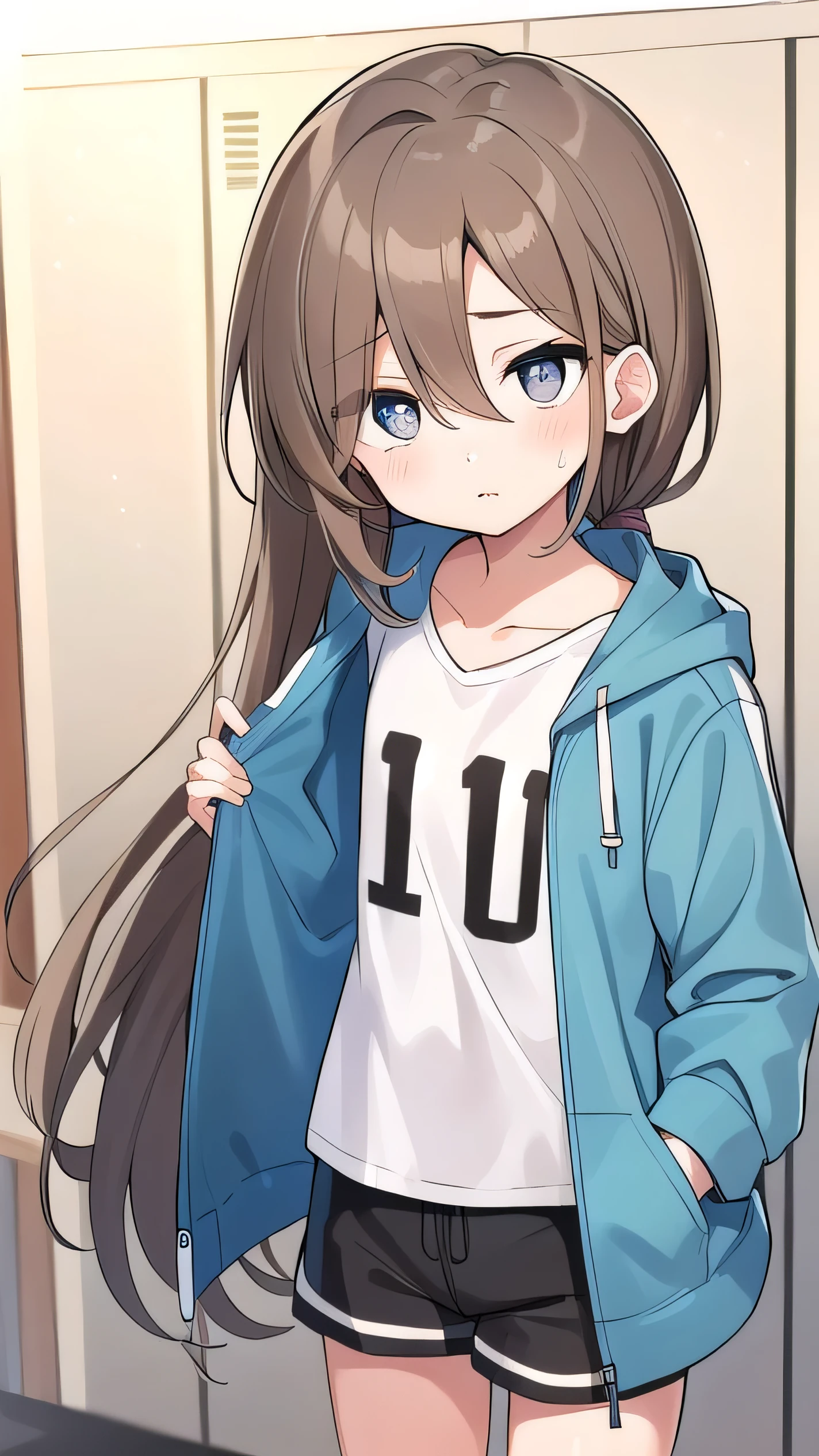 Girl, ( light brown hair :1.5), (gray eyes:1.2), (big eyes: 1.1), (sagging eyes: 1.5), (very long hair:1.1), hair between eyes, cyan long-sleeved hoodie, white T-shirt, dark blue shorts, white sneakers, (flat chest), (straight hair), very short, only , droopy eyes, wearing a jacket, , wearing a jacket,, (short height:1.3), young face , sleepy face, smooth straight hair, locker room,