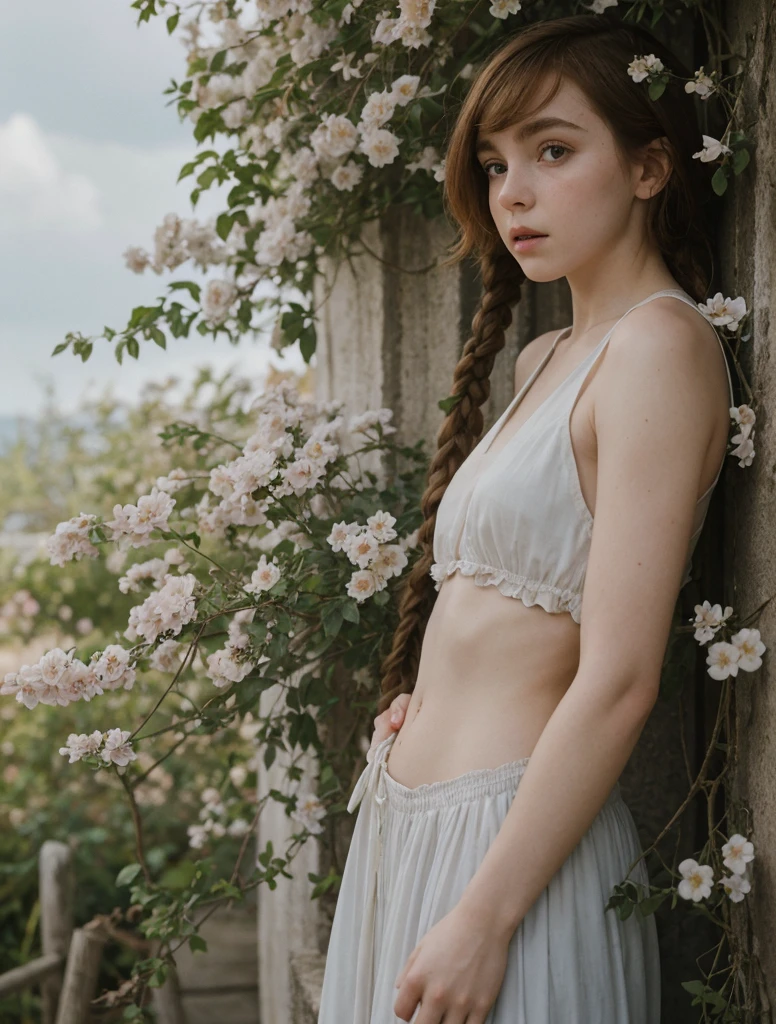 Sophia Lillis,, Soft belly, elegant, Open your mouth, Portraiture , Long braids,whole body 、Beautiful beaches、blue sky、Relaxed atmosphere、mysterious、Soft natural light、Old movies、Beautiful large plant、A lot of beautiful flowers、Rich and deep colours、Strong contrast、Strong natural light on a person