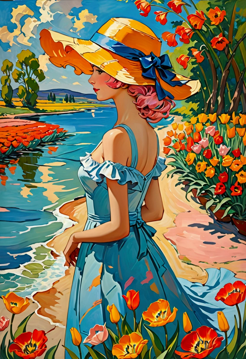 ((Inspired by Charles Camoin)), (Impressionist Painting), 1 Girl，elegant dress，View from the side，Looking at the audience，(Half blue half pink hair)，water，cloud，Sun hat, [Orange tulip flowers], ((best quality, masterpiece)), projected inset,vanishing point,backlighting