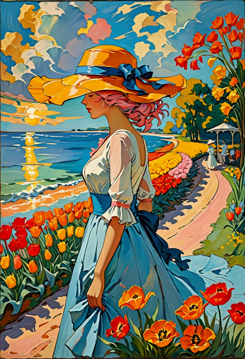 ((Inspired by Charles Camoin)), (Impressionist Painting), 1 Girl，elegant dress，View from the side，Looking at the audience，(Half blue half pink hair)，water，cloud，Sun hat, [Orange tulip flowers], ((best quality, masterpiece)), projected inset,vanishing point,backlighting