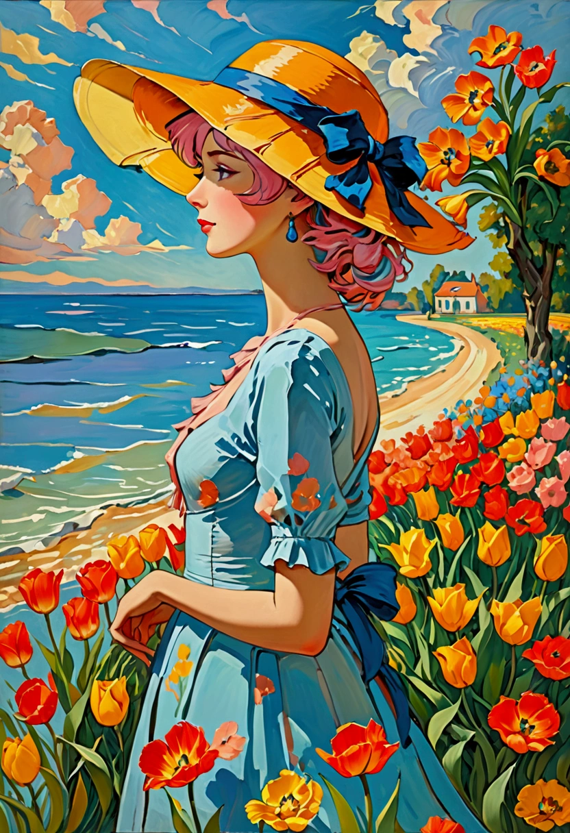 ((Inspired by Charles Camoin)), (Impressionist Painting), 1 Girl，elegant dress，View from the side，Looking at the audience，(Half blue half pink hair)，water，cloud，Sun hat, [Orange tulip flowers], ((best quality, masterpiece)), projected inset,vanishing point,backlighting