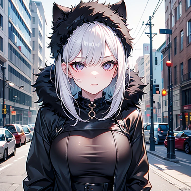 normal adult girl, that looks very daring, very risky and is usually more on the streets and among gangs, His Expression is conceited and haughty, and be extroverted, black fur, face too close
