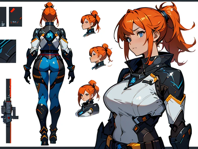 Close-up of a chunky girl in a mecha bodysuit, ((character concept art)), ((character design sheet, same character, front, side, back)) character art of maple story, video game character design, video game character design, maple story  chunky  girl, busty, girl wearing cute mecha hairpin on her head, pale orange hair, large ponytail, top ponytail  hairstyle, white glowing decoration on girl's mecha armor, expert high detail concept art, metal bullet concept art, funny character design, plump woman anime inspiration, sticky tar. Concept art, belt buckle at waist, mechanical weapon, mechanical wings