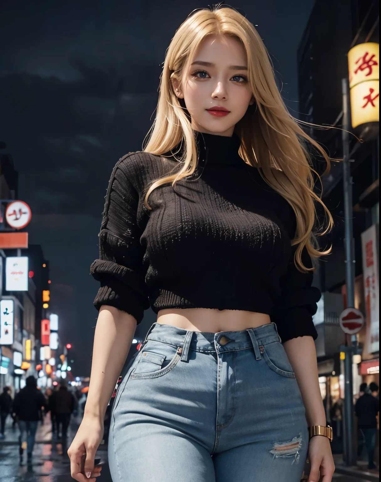 1girl, (Blue Eyes), (smiling :1.2), (Sana Minatozaki), (beautiful black makeup :1.2), wide hips, (big tits :1.2), (big ass), thin waist, thick thighs, (Best Quality, 8k, Masterpiece: 1.3), Clear Focus: 1.2, Perfect Body Beauty: 1.4, (strong abs), Highly detailed face and skin texture, detailed eyes, double eyelids, (shiny skin :1.2), red lips, (long blonde hair :1.2), ((black sweater :1.2)), (jeans :1.1), standing, dynamic pose, in a Tokyo neighborhood at night, buildings with colorful signs, wet street