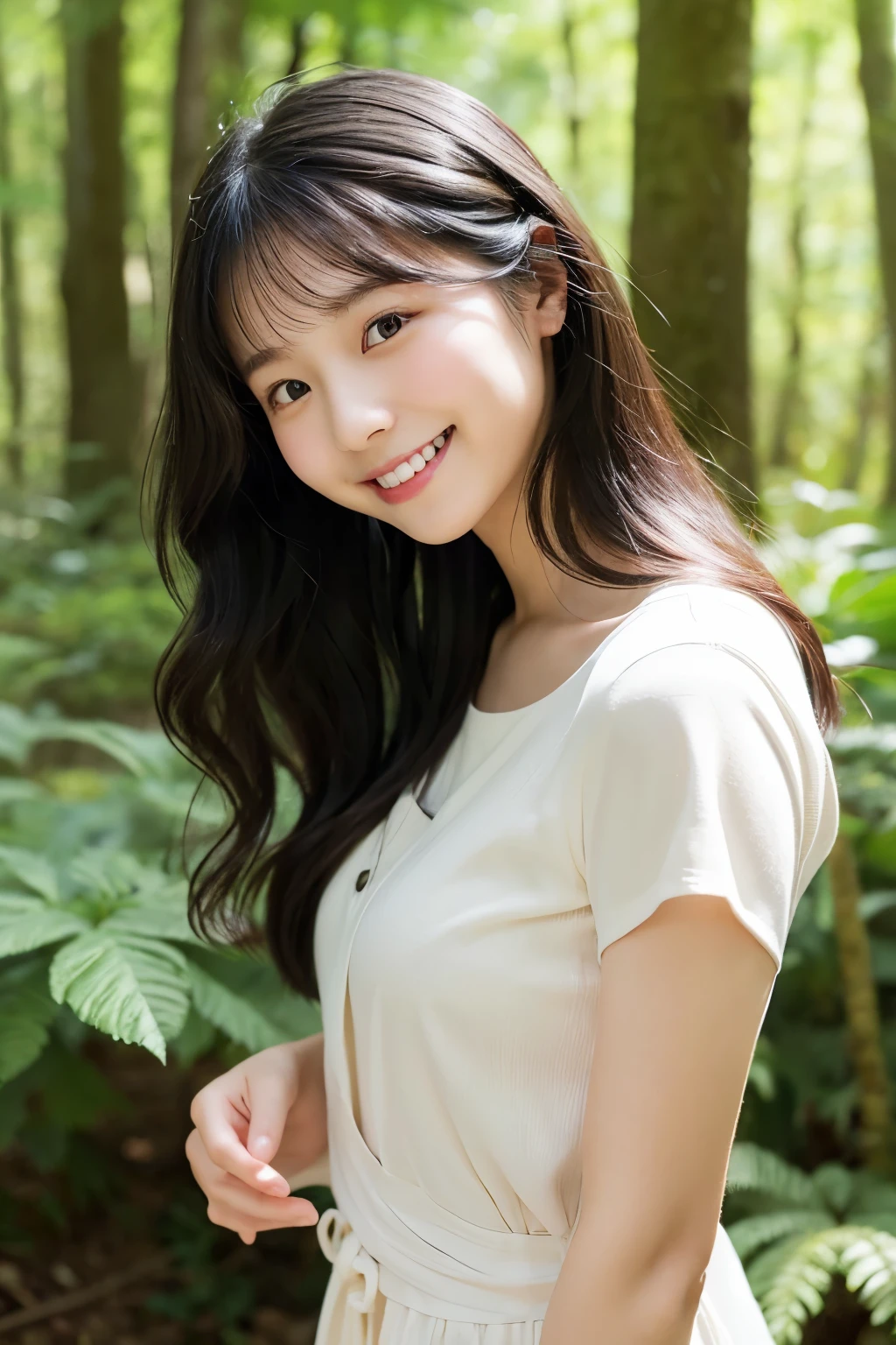 Japanese Girls 10th Generation Quiet and calm Cute atmosphere Clean and fresh Smile with teeth out Gentle eyes Long black hair Natural Waves Plump Cheeks moderate bust Fresh clothes A natural background, like a photo taken in a forest Front view