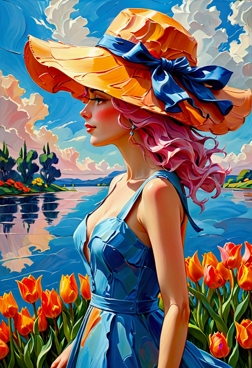 ((Inspired by Charles Camoin)), (Impressionist Painting), 1 Girl，elegant dress，View from the side，Looking at the audience，(Half blue half pink hair)，water，cloud，Sun hat, [Orange tulip flowers], ((best quality, masterpiece)), projected inset,vanishing point,backlighting