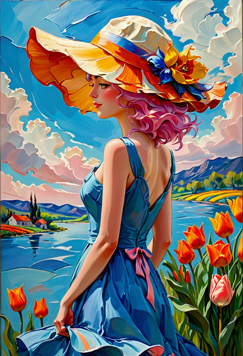 ((Inspired by Charles Camoin)), (Impressionist Painting), 1 Girl，elegant dress，View from the side，Looking at the audience，(Half blue half pink hair)，water，cloud，Sun hat, [Orange tulip flowers], ((best quality, masterpiece)), projected inset,vanishing point,backlighting