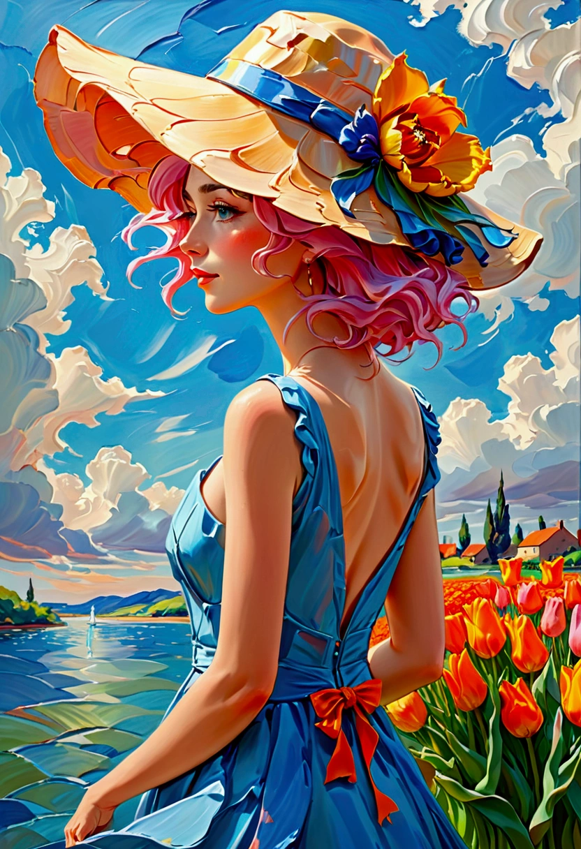 ((Inspired by Charles Camoin)), (Impressionist Painting), 1 Girl，elegant dress，View from the side，Looking at the audience，(Half blue half pink hair)，water，cloud，Sun hat, [Orange tulip flowers], ((best quality, masterpiece)), projected inset,vanishing point,backlighting