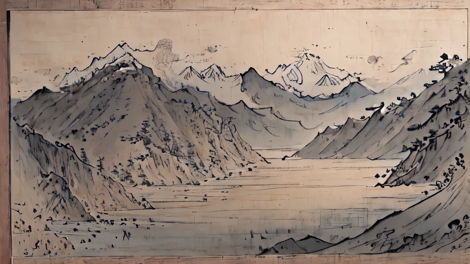 (masterpiece，best best quality：1.2），Traditional Chinese ink painting，mountains and sea shore ,Ultra-long-range vision，Landscape Painting，Large areas of the screen are blank
