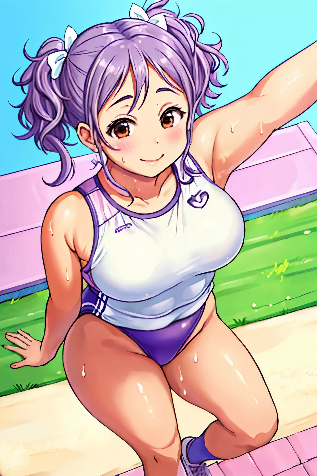 ((Best Quality)), ((masterpiece)), (detailed),((gymnastics field)), 1 girl, Change,short stature,plump,chubby,light purple curly hair 2 pigtails,small breasts,track uniform,sweat,smile,perspective from above